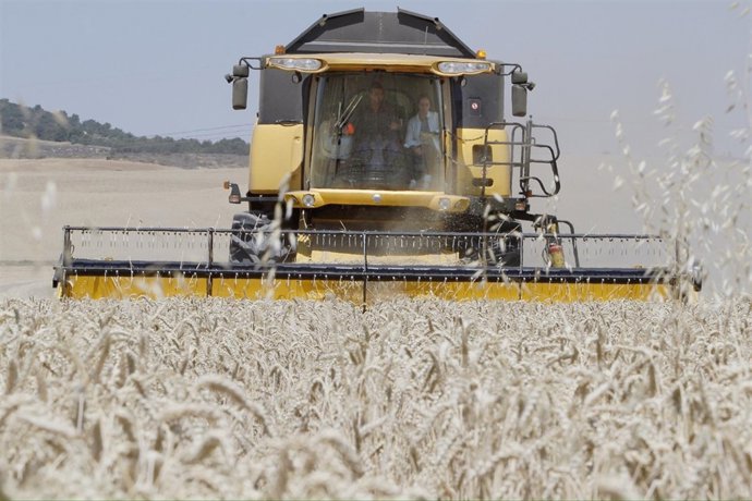 Silvia Clemente acompaña a un agricultor en una cosechadora