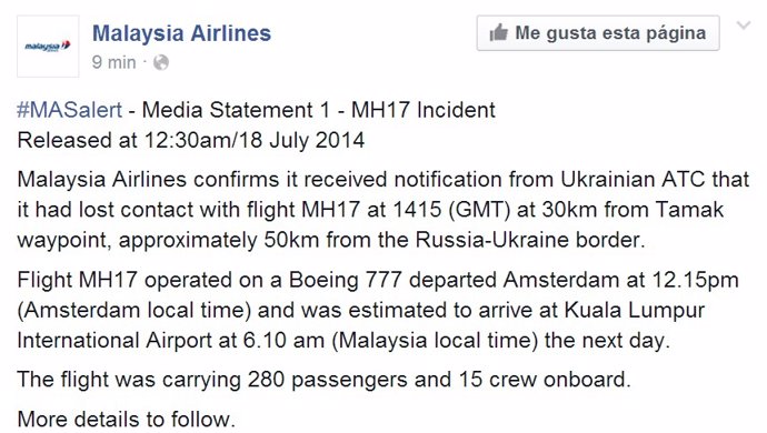 Comunicado de Malasya Airlines
