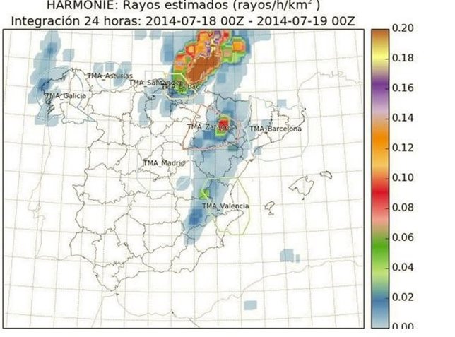 Mapa de rayos previstos este viernes en el este peninsular