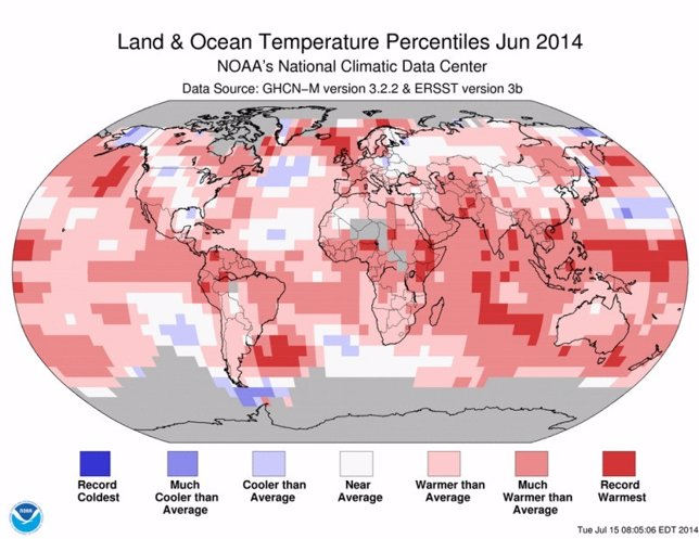 Anomalía general de temperatura en junio de 2014
