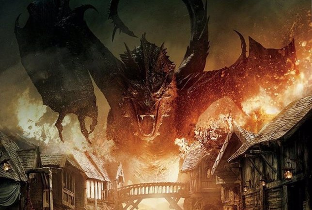 Cartel con Smaug y Bardo de El Hobbit: La batalla de los cinco ejércitos