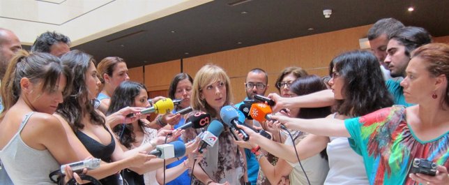 Carmen  Castilla atendiendo a los periodistas en Sevilla.