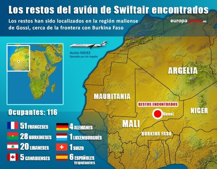 Infografía de los restos del avión de Swiftair en Malí