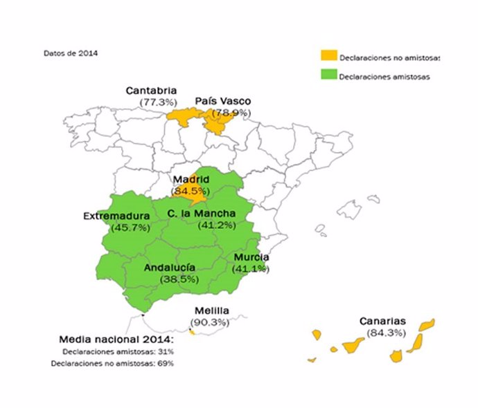 Mapa de datos sobre la firma de partes amistosos de accidente en España
