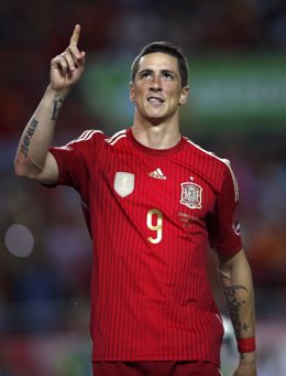 Fernando Torres celebra un gol con la selección española