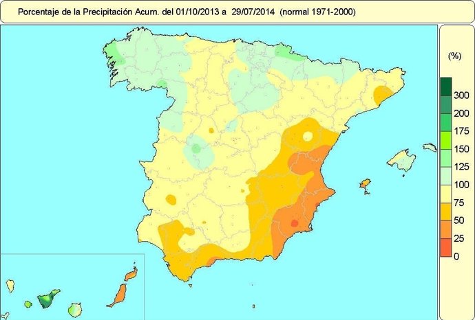 Mapa con el porcentaje de precipitación acumulada desde el 1 de octubre de 2013