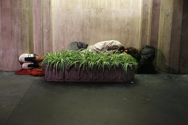 A man sleeps behind potted plants at Paulista Avenue in Sao Paulo