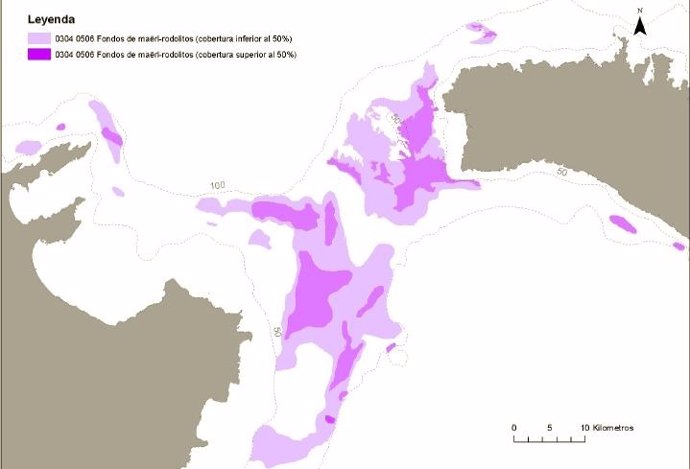 Mapa con la distribución de algas coralinas maerl en el Canal de Menorca