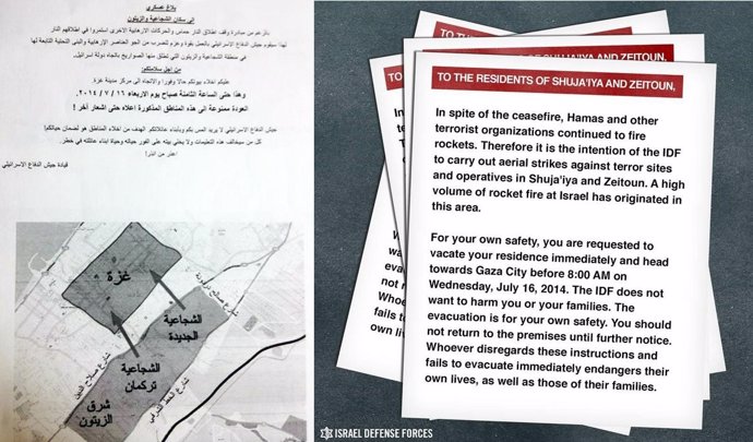 Panfleto israelí pidiendo la evacuación del barrio de Shujaia, en Gaza