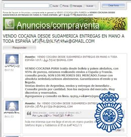 Anuncio de venta de cocaína en Internet
