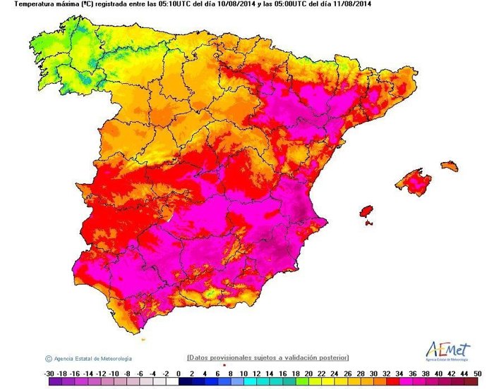 Mapa con las temperaturas máxima del domingo 