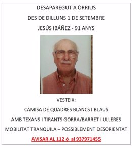 Buscan a un anciano de 91 años desaparecido en Òrrius