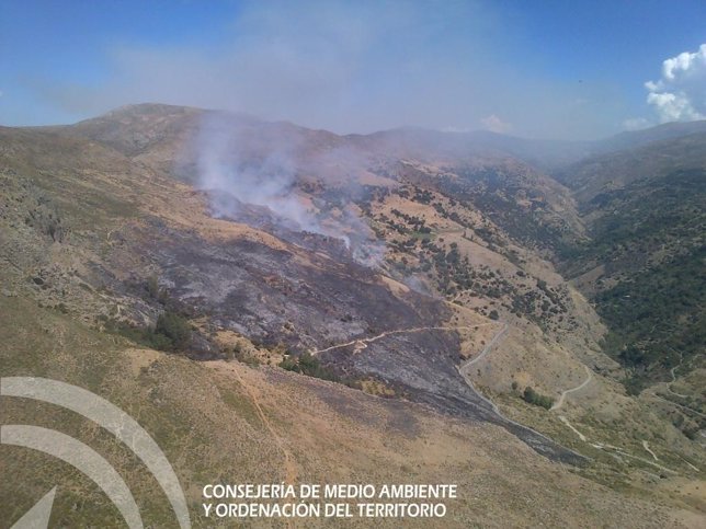 Estado del incendio forestal en un paraje de Güéjar Sierra este miércoles
