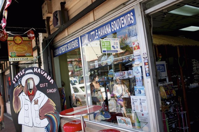 Cuban-themed gift shops line the sidewalks of Little Havana neighborhood in Miam
