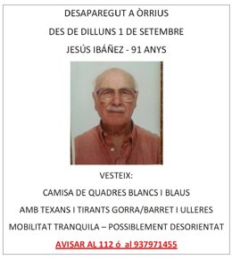 Buscan a un anciano de 91 años desaparecido en Òrrius