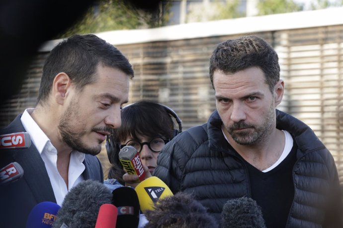 Former French trader Jerome Kerviel and his lawyer David Koubbi speak to the med