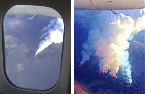 Un avión de Icelandair sobrevuela un volcán en erupción