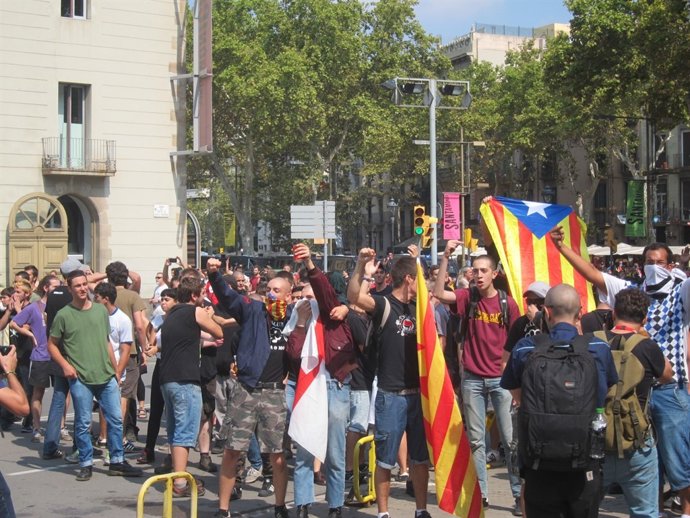 Manifestantes de Alianza Nacional e independentistas coinciden en la Diada 2014