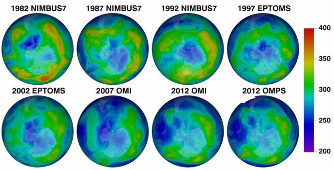 Evolución de la anchura de la capa de ozono sobre la Antártida de 1982 a 2012.
