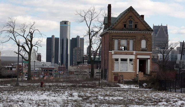 A vacant, boarded up house is seen in the once thriving Brush Park neighborhood 