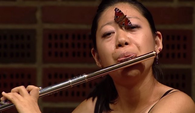 Flautista japonesa derrocha profesionalidad con una mariposa en su cabeza