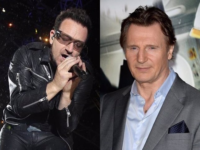 Líder de U2 Bono y el actor Liam Neeson