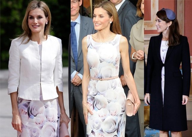 Letizia y Mary Dinamarca, vestido flores de Hugo Boss con chaqueta con abrigo