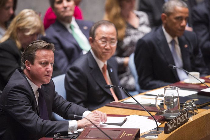 Cameron,Obama, ban ki moon, en una reunión de ONU