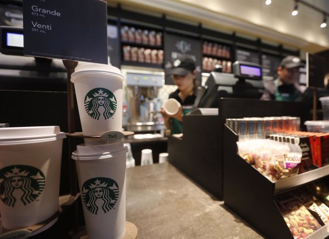 Paper cups of different sizes are seen on display at Starbuck's first Colombian 