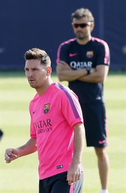 Leo Messi y Luis Enrique en una entrenamiento