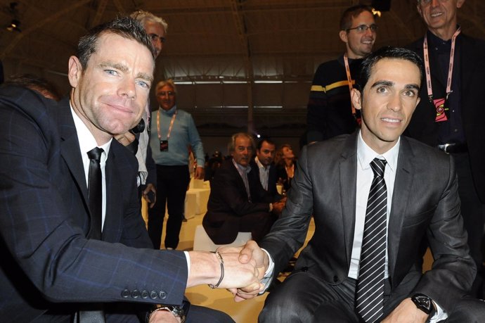 Contador y Cadel Evans em la presentación del Giro de Italia 2015
