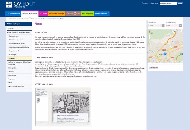 Pantallazo de la página web del Ayuntamiento con planos desde 1777
