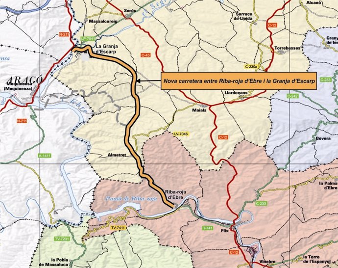 Mapa con la nueva carretera entre Riba-roja d'Ebre y La Granja d'Escarp