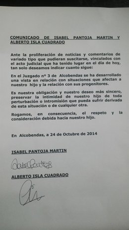 Comunicado Isabel Pantoja Martín y Alberto Isla