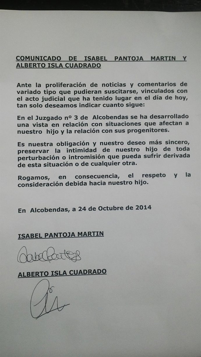 Comunicado Isabel Pantoja Martín y Alberto Isla