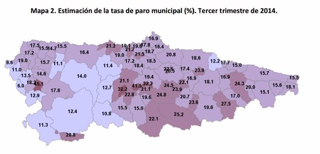 Datos de desempleo por municipios en Asturias. Tercer trimestre de 2014