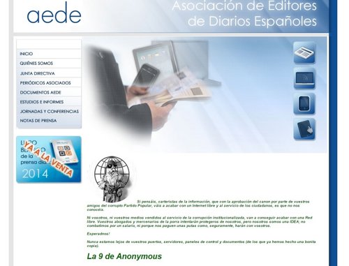 Anonymous hackea la web de AEDE: "No vais a acabar con una Red libre"
