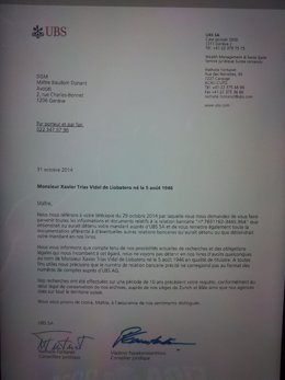 Carta de UBS informando que Xavier Trias no ha tenido cuentas en este banco