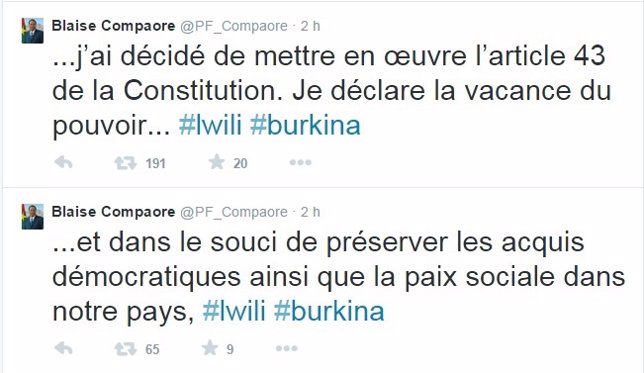 Tuit del presidente de Burkina Faso
