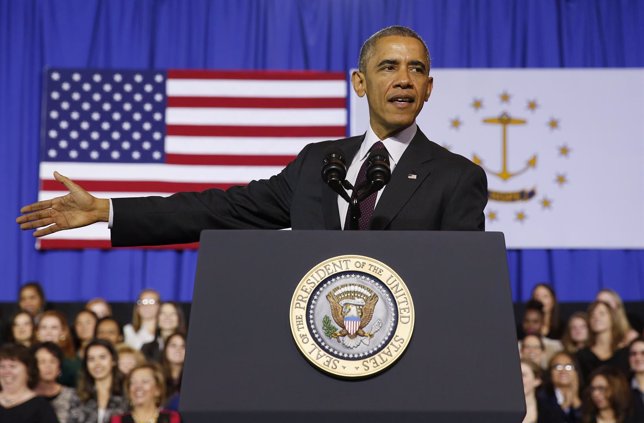 U.S. President Barack Obama speaks about the economy at Rhode Island College in 