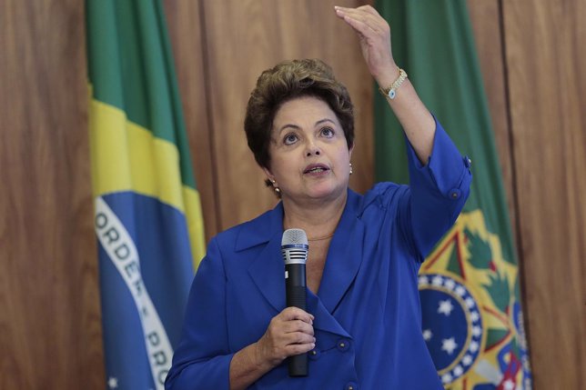 Brazil's President Dilma Rousseff reacts during a meeting with leaders of the So