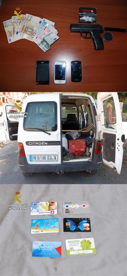 Imagen del arma empleada por el atracador, su furgoneta y las tarjetas empleadas