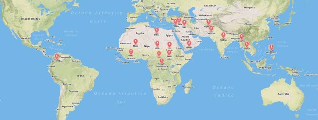 Mapa de niños soldados en el mundo.