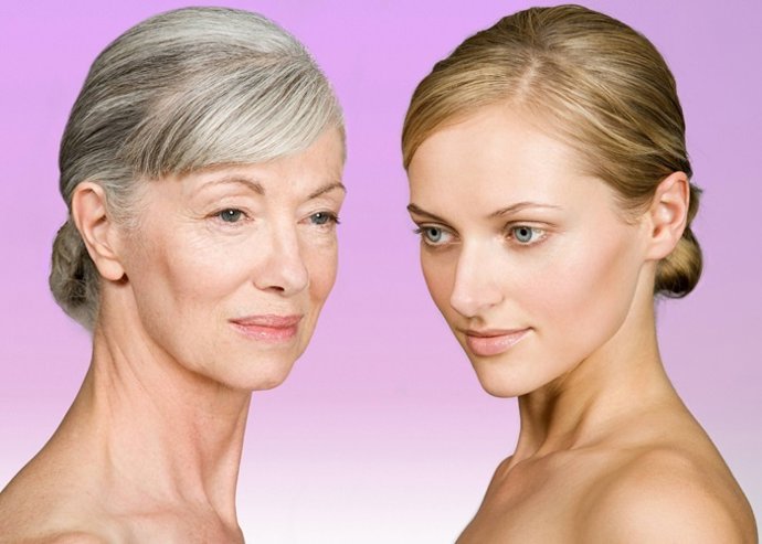 Faces of young and senior women