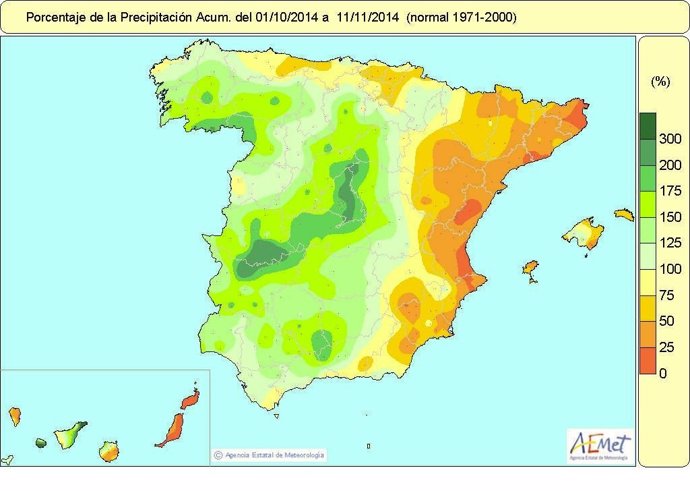 Precipitaciones registradas en España entre el 4 y el 11 de noviembre de 2014