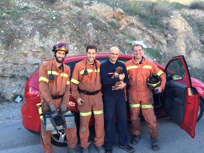 Los bomberos posan junto al cachorro liberado