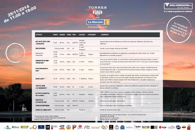Cartel de actividades de Torres por La Marató de TV3 2014