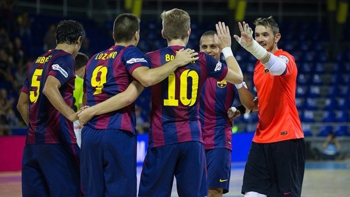 El FC Barcelona de fútbol sala celebra un gol en el Palau