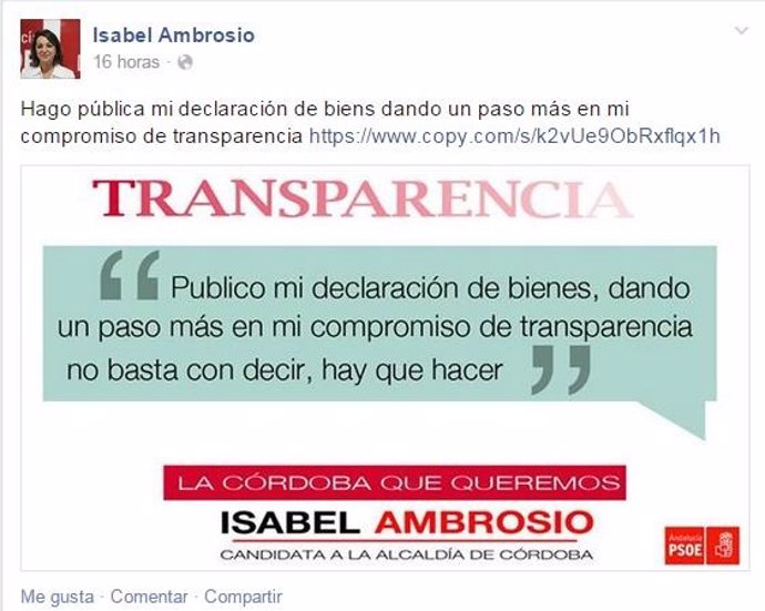 Ambrosio ha difundido en su perfil de Facebook su declaración de bienes