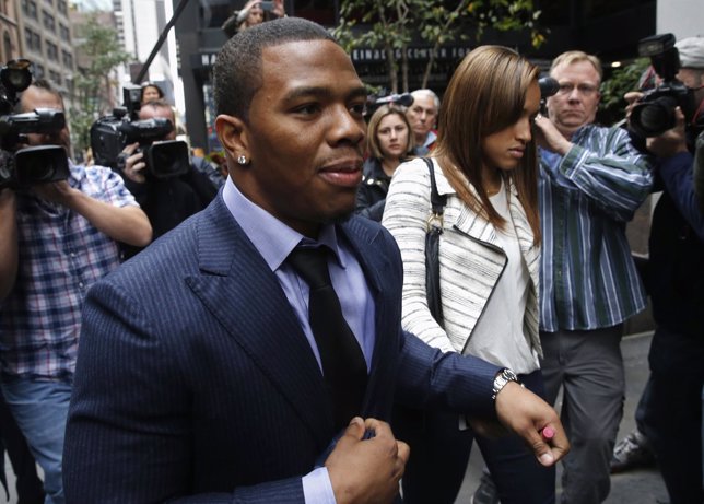 Former Baltimore Ravens NFL running back Ray Rice and his wife Janay arrive for 